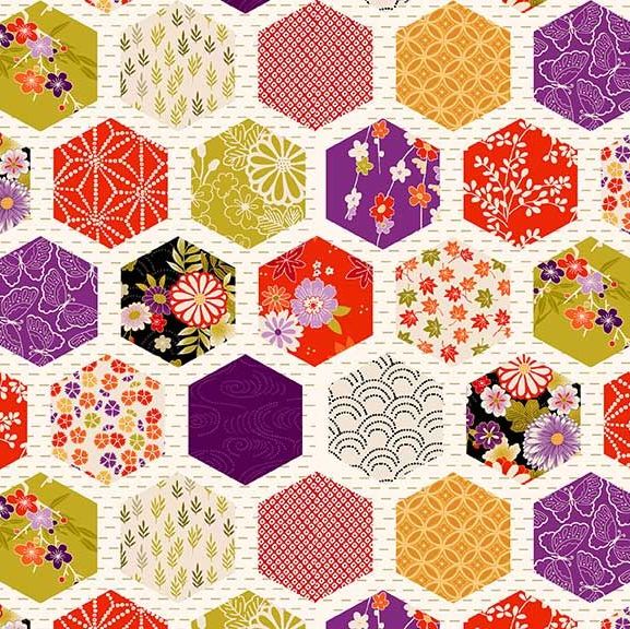 Kimono Hexagon Patch Metallic Gold Geometric Floral Cotton Fabric