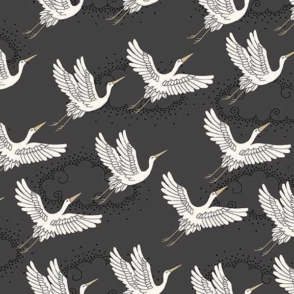 Kimono Cranes Grey Metallic Gold Japanese Crane Bird Flight Clouds Cotton F
