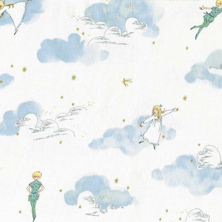 Peter Pan Peter and Wendy Cloud Sky Stars Gold Sarah Jane Nursery Cotton Fa