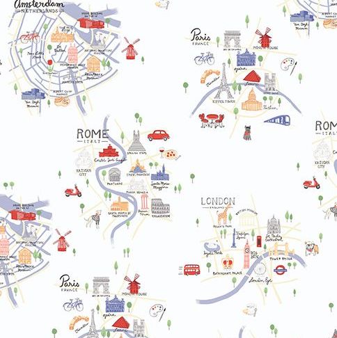 Jetset Europe Overview City Landmark Map Travel Holiday Cities Cotton Fabri