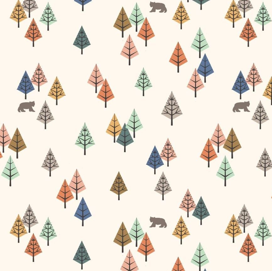 Bear Hug Wilderness Cream Trees Forest Bears Woodland Cotton Fabric