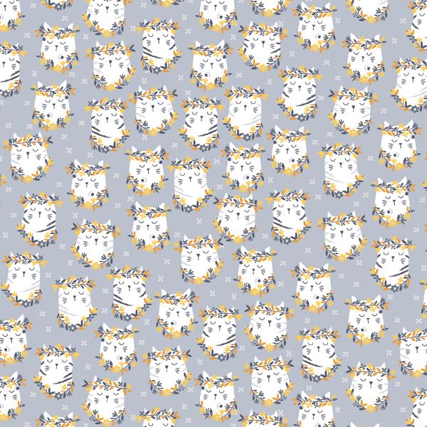 Feline Groovy Pawsome Metal Cats Flower Crown Cat Faces Floral Cotton Fabri