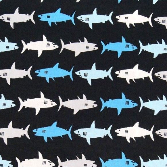 Kaufman Sevenberry Sharks Blue on Black Shark Swimming Cotton Fabric