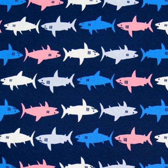 Kaufman Sevenberry Sharks Pink Blue on Navy Shark Swimming Cotton Fabric