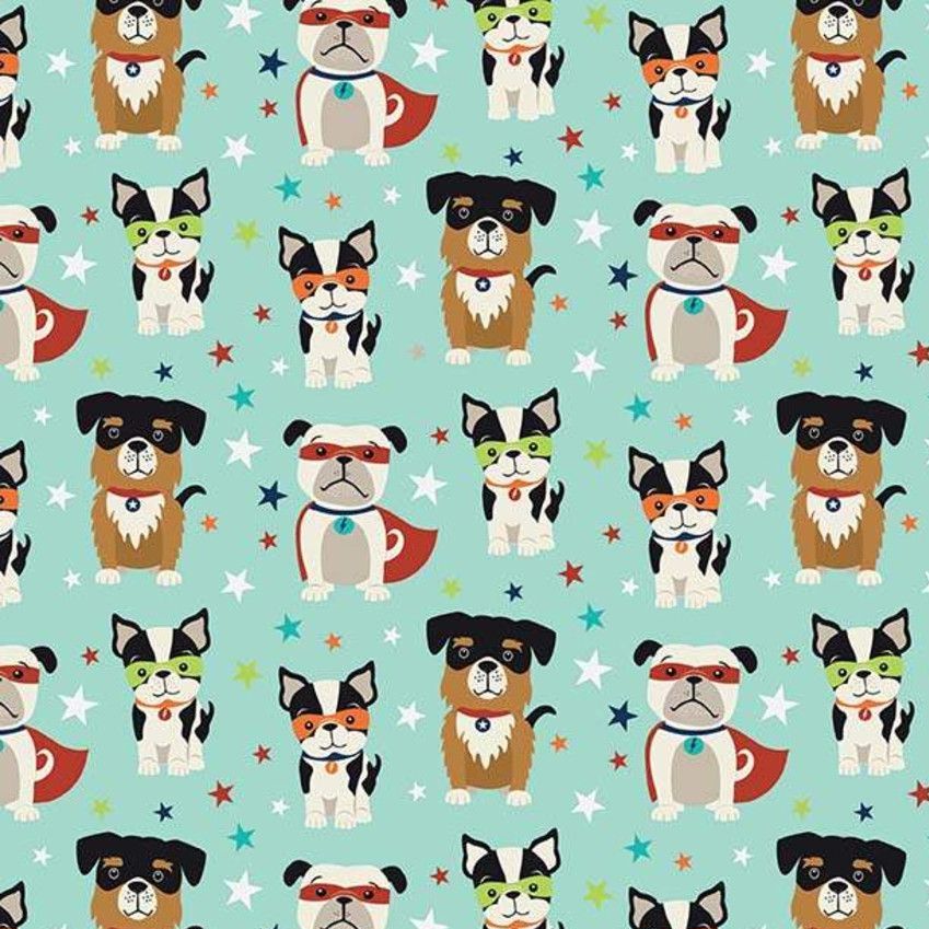 Super Dog Novelty Blue Pow Comic Book Superhero Dogs Comics Cotton Fabric