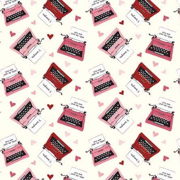 Hello Sweetheart Typewriter Cream Valentines Love Notes Hearts Cotton Fabri