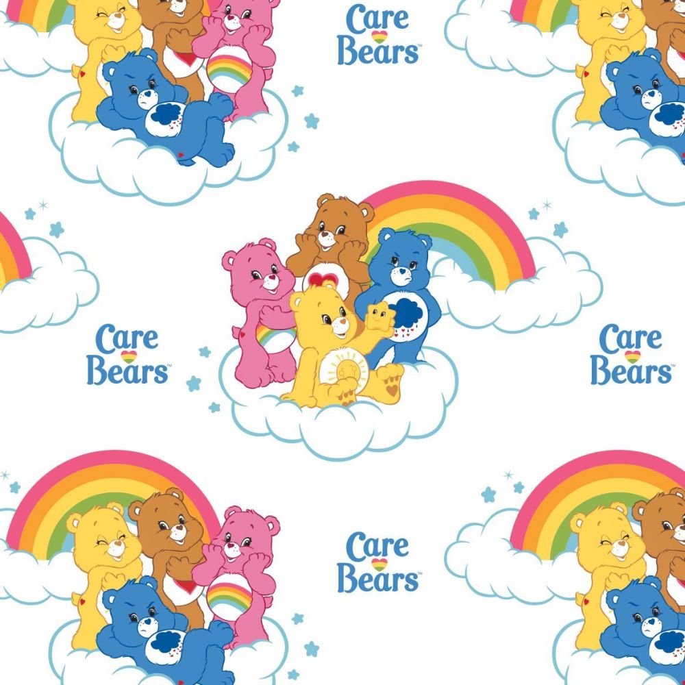 Care Bears Rainbow in White Care Bear Logo Rainbows Cloud Cotton Fabric