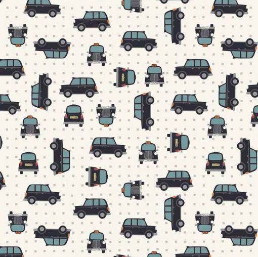 City Nights Black Cab Geometric Metallic Silver Car Taxi Cotton Fabric Cott