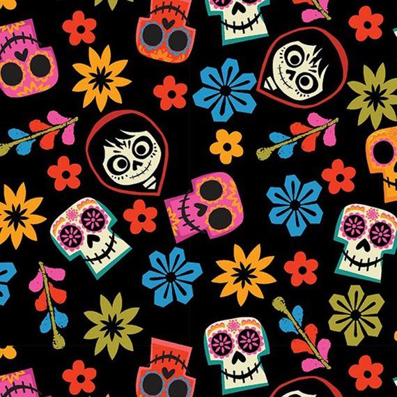 Disney Coco Skull Toss Black Day of the Dead Skulls Cotton Fabric