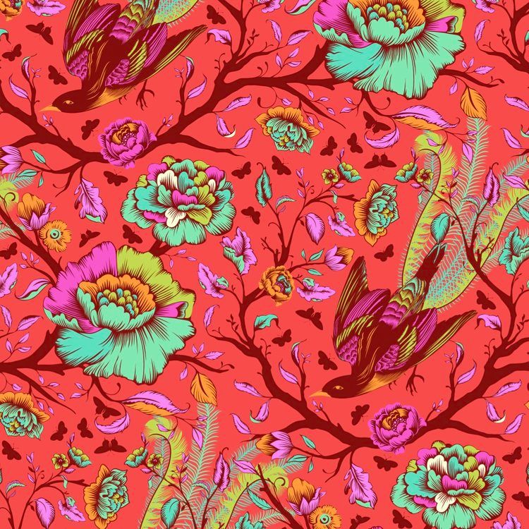 Tula Pink All Stars Tail Feathers Poppy Bird Floral Botanical Birds Cotton