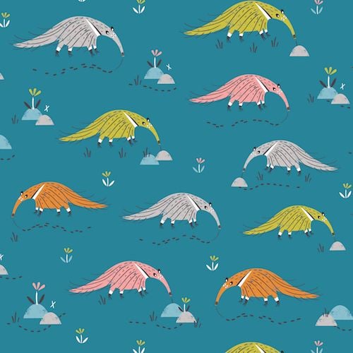 Hanging Around Anteaters on Teal Anteater Animals Nursery Cotton Fabric