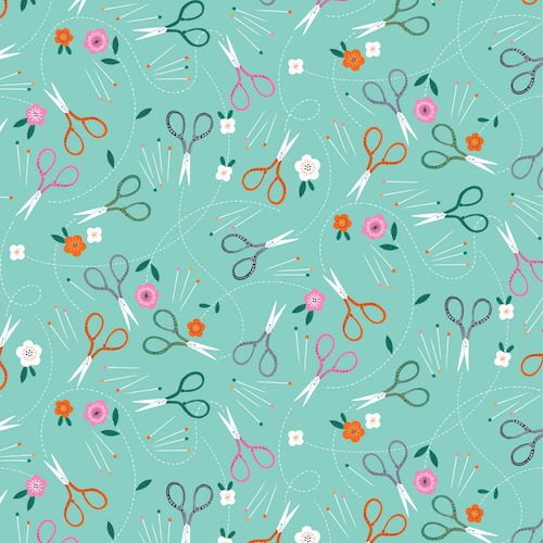 Stitch Notions Scissors Pins Floral on Aqua Sewing Theme Cotton Fabric