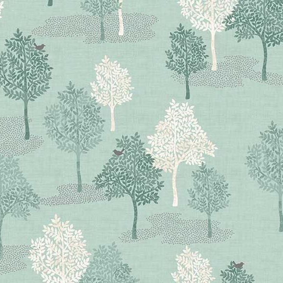 Woodland Trees Bird Forest Woodland Scene Turquoise Teal Scenic Cotton Fabr