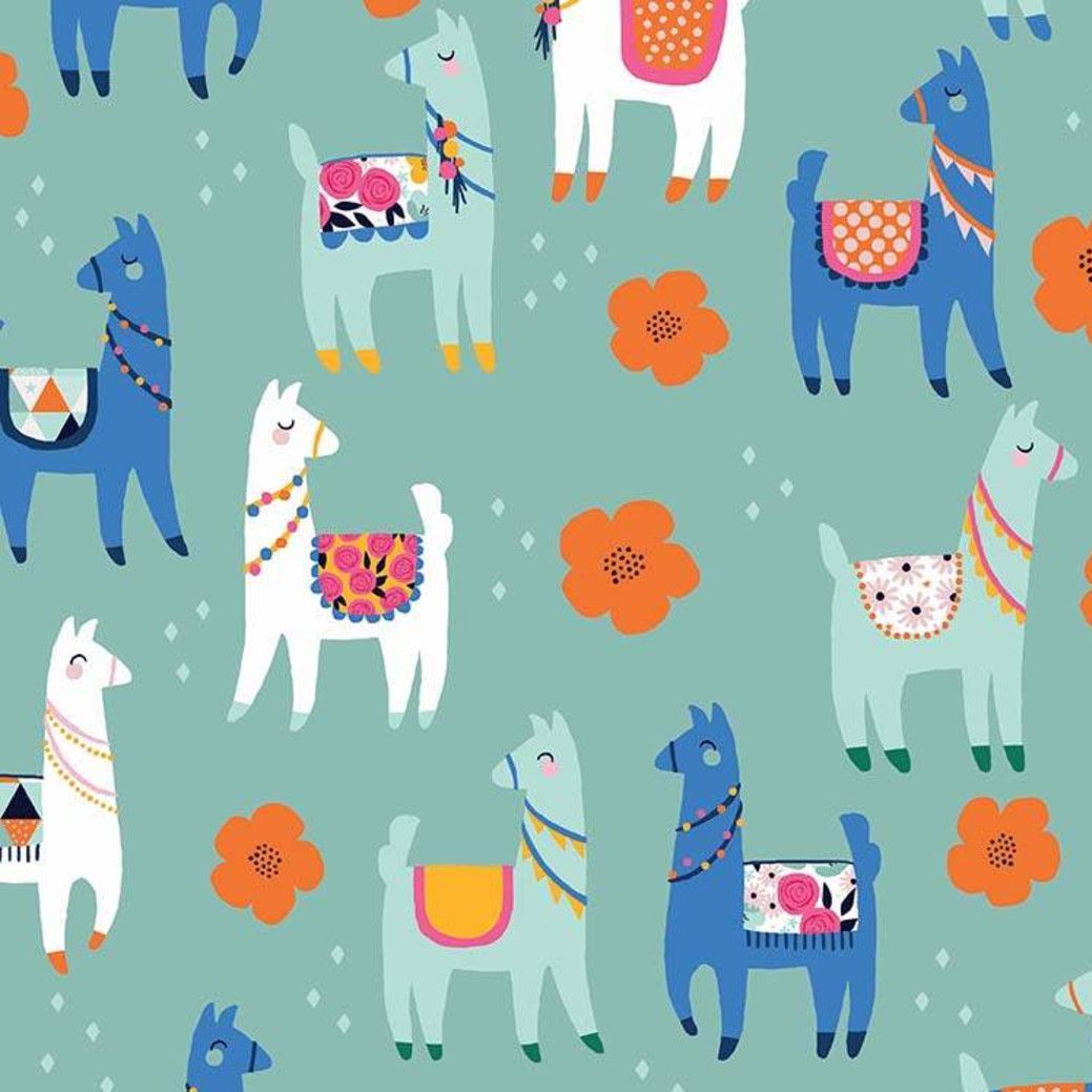 Llamas Mint Llama Flower Floral Novelty Cotton Fabric