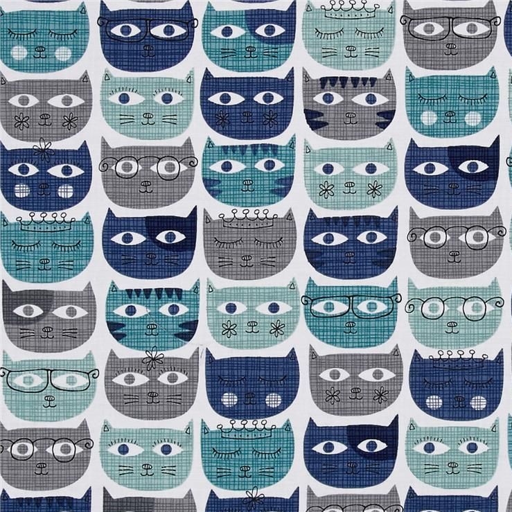 Cat Sassy Cats Faces Michael Miller Blue Aqua Grey Kitty Princess Cotton Fa