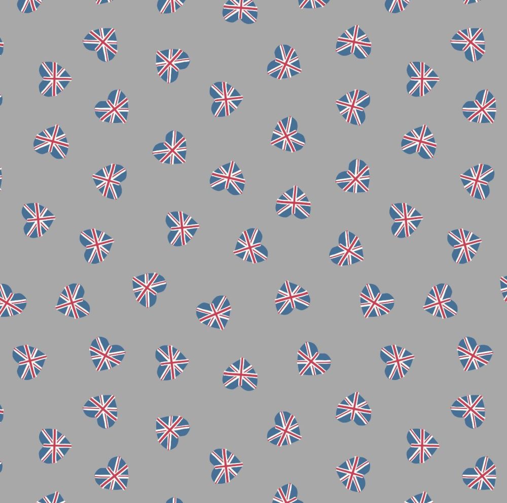 Brittania Union Jack Hearts on Grey Flag British UK Heart Cotton Fabric