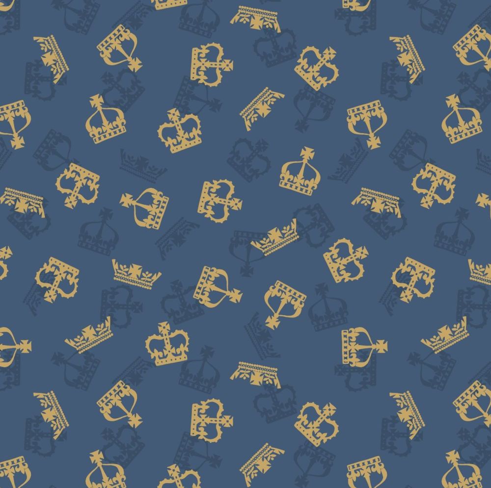 Brittania Crowns Royal Metallic Gold on Dark Blue Crown Cotton Fabric
