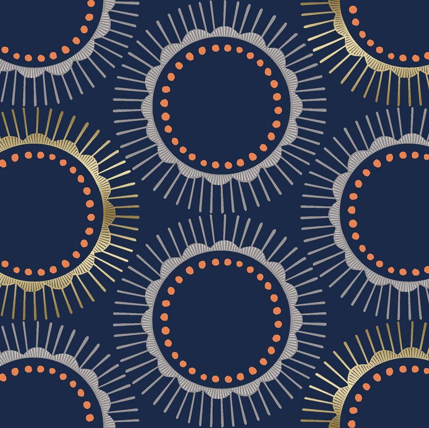 Kibori Tara Navy Gold Metallic Geometric Flower Japanese Unbleached Cotton