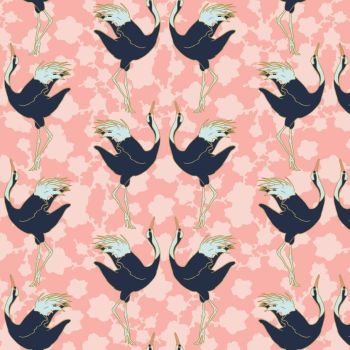 Mystic Cranes Dancing Cranes Pink Bird Crane Metallic Gold Cotton Fabric