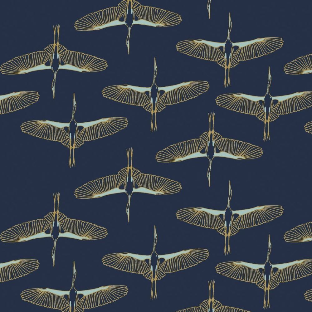 Mystic Cranes Flying Cranes Navy Bird Flight Crane Metallic Gold Cotton Fab