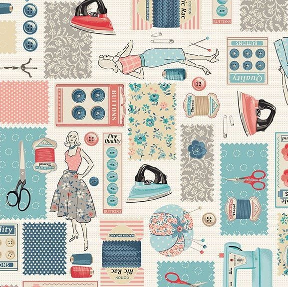 NOTIONS CREAM Makower 100/% cotton sewing theme fabric QUILTING STITCH IN TIME