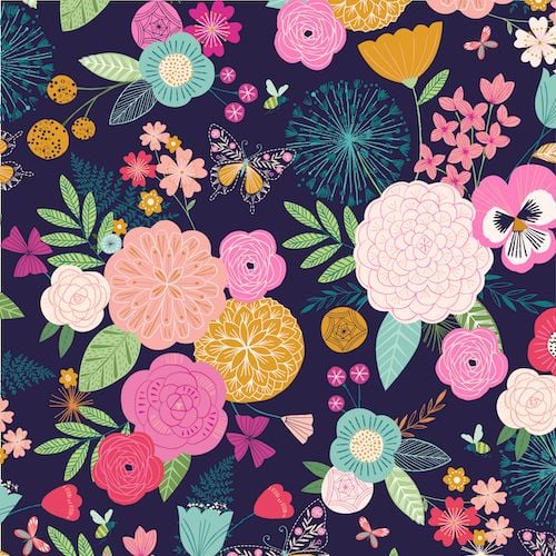 Summer Dance Flowers Bee Butterfly Floral Botanical Navy Cotton Fabric
