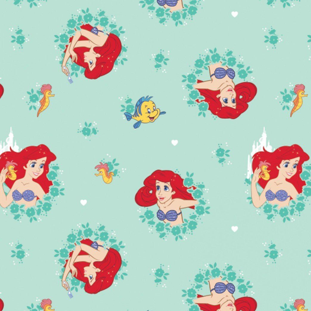 Disney Princess Little Mermaid Ariel Flounder Sebastian Aqua Teal Cotton Fa