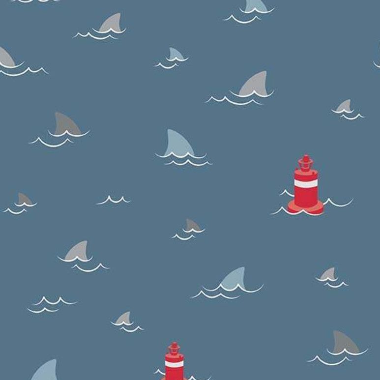 Shark Fins Navy Shark Fin Swimming Novelty Cotton Fabric