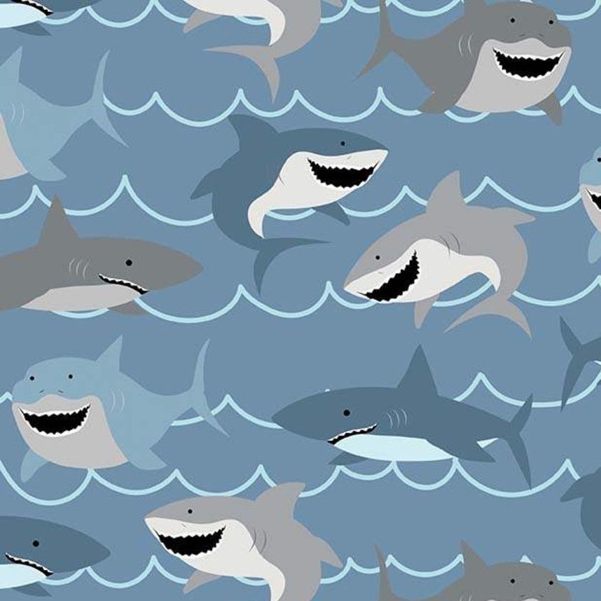 Sharks Blue Happy Smiling Shark Swimming Novelty Cotton Fabric