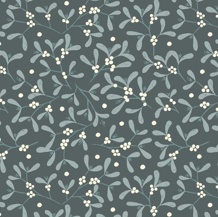 Winter in Bluebell Wood Mistletoe on Dark Grey Blue Christmas Botanical Cot