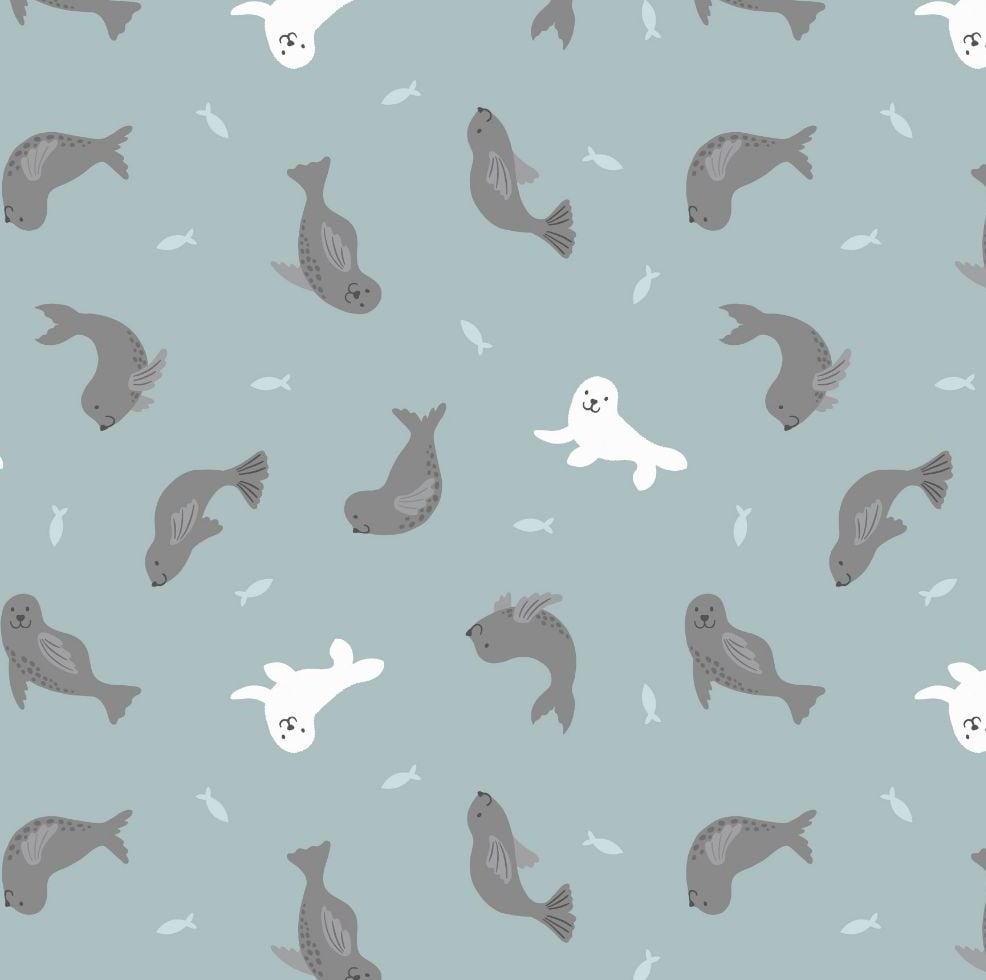Small Things By The Sea Seals on Light Blue Turquoise Seal Sea Ocean Cotton