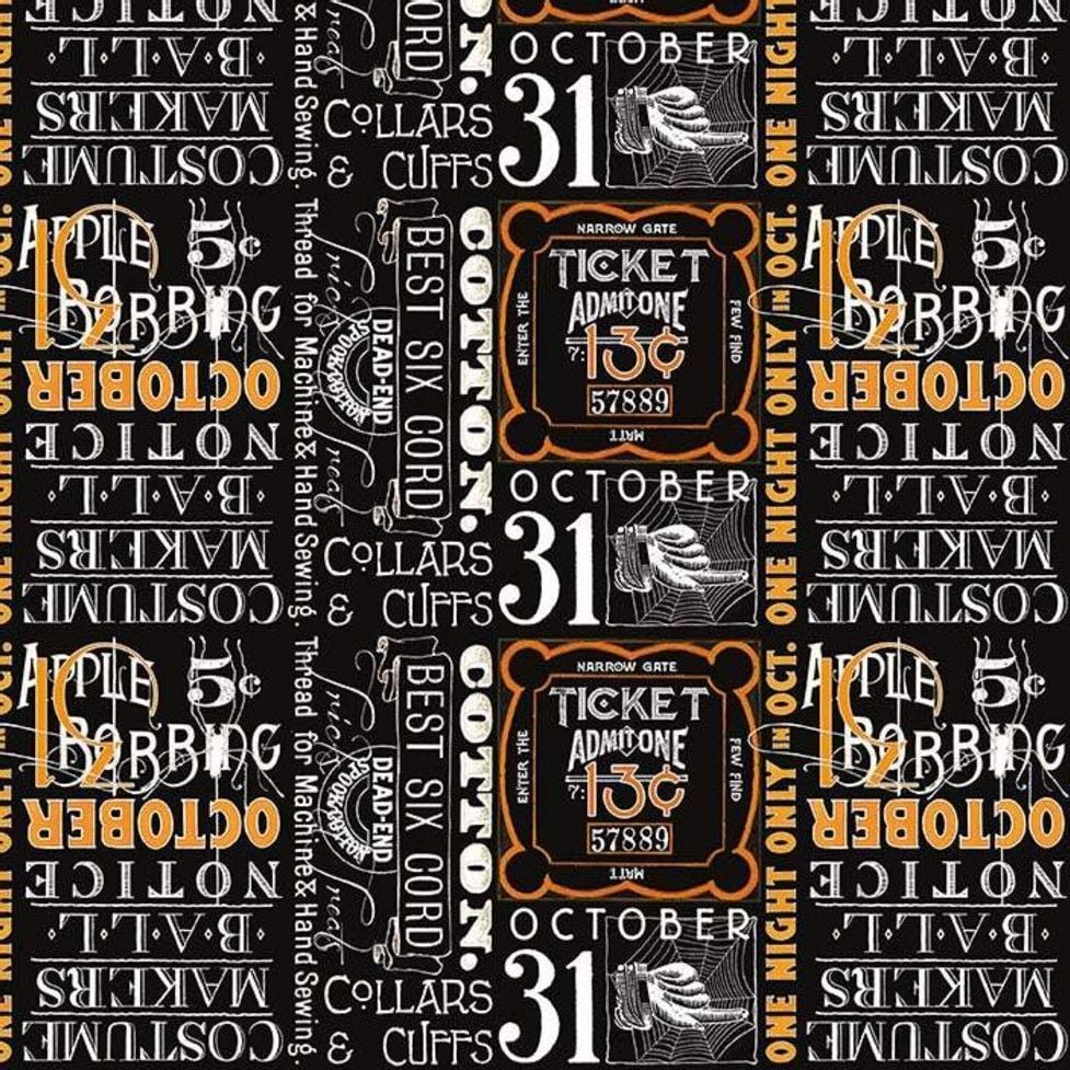Costume Maker's Ball Black Ticket Text Spooky Cotton Fabric
