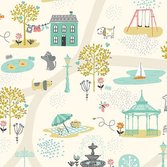 A Walk in the Park Scene Cream Dog Walk Cat Building Scenic Houses Cotton F