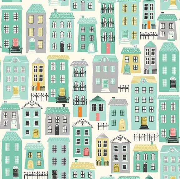 A Walk in the Park Houses Cream House Building City Cotton Fabric