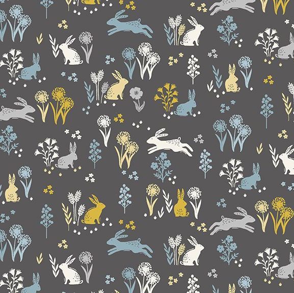 Grove Rabbits Grey Bunny Rabbit Floral Ditsy Flowers Cotton Fabric