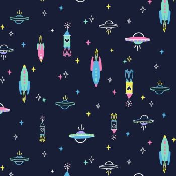 Michael Miller Fabric Rocket Kids Far Far Away Black HALF METRE