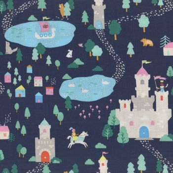Save Yourself Navy Princess Castle Horse Crown Fairytale Cotton Fabric