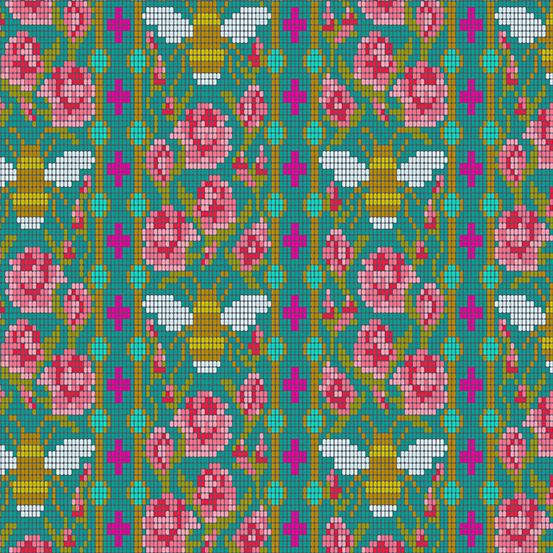 Handiwork Bead Work Peacock Alison Glass Pixels Bee Rose Floral Cotton Fabr