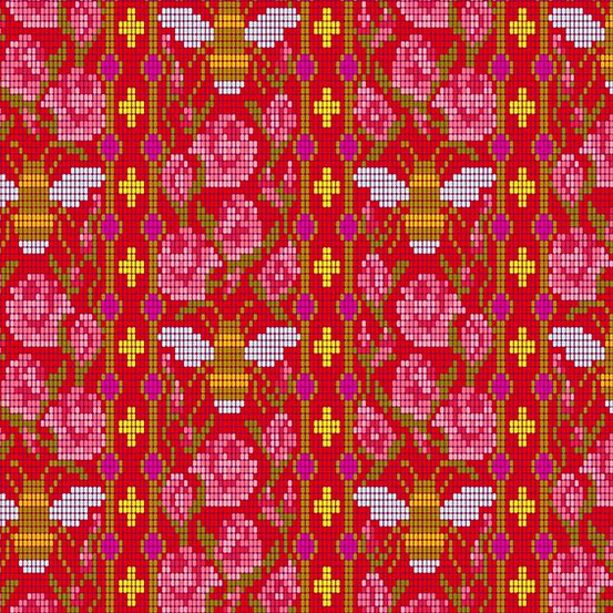 Handiwork Bead Work Scarlet Alison Glass Pixels Bee Rose Floral Cotton Fabr