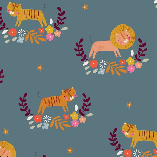 Meadow Safari Lion Tiger Dashwood Floral Spray Flower Star Nursery Cotton F