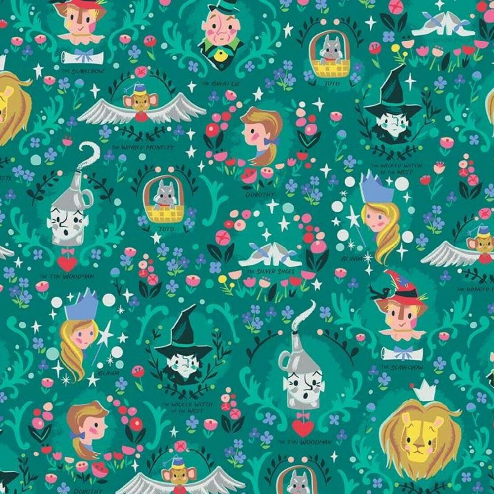 Dorothy's Journey Vignette Emerald Characters Wizard of Oz Dorothy Tin Man Cowardly Lion Scarecrow Toto Cotton Fabric