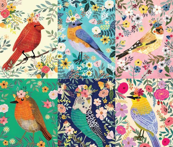 Birdie Mia Charro Panel Flower Crown Birds Budgie Robin Bird Floral Cotton