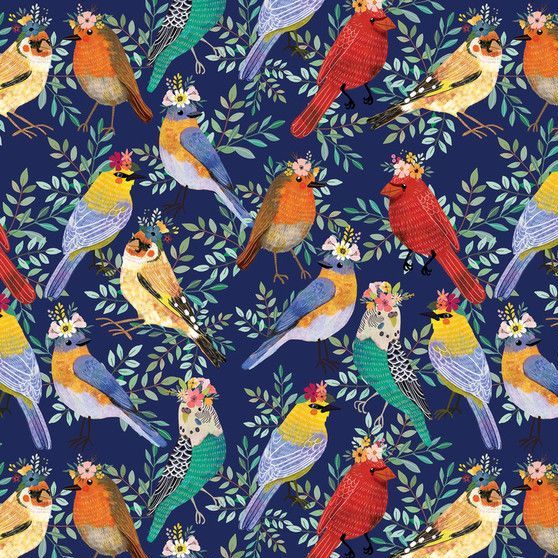 Birdie Mia Charro Bird Meet in Navy Flower Crown Robin Budgie Floral Cotton