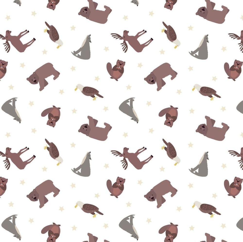 Small Things World Animals North American on White Cotton Fabric