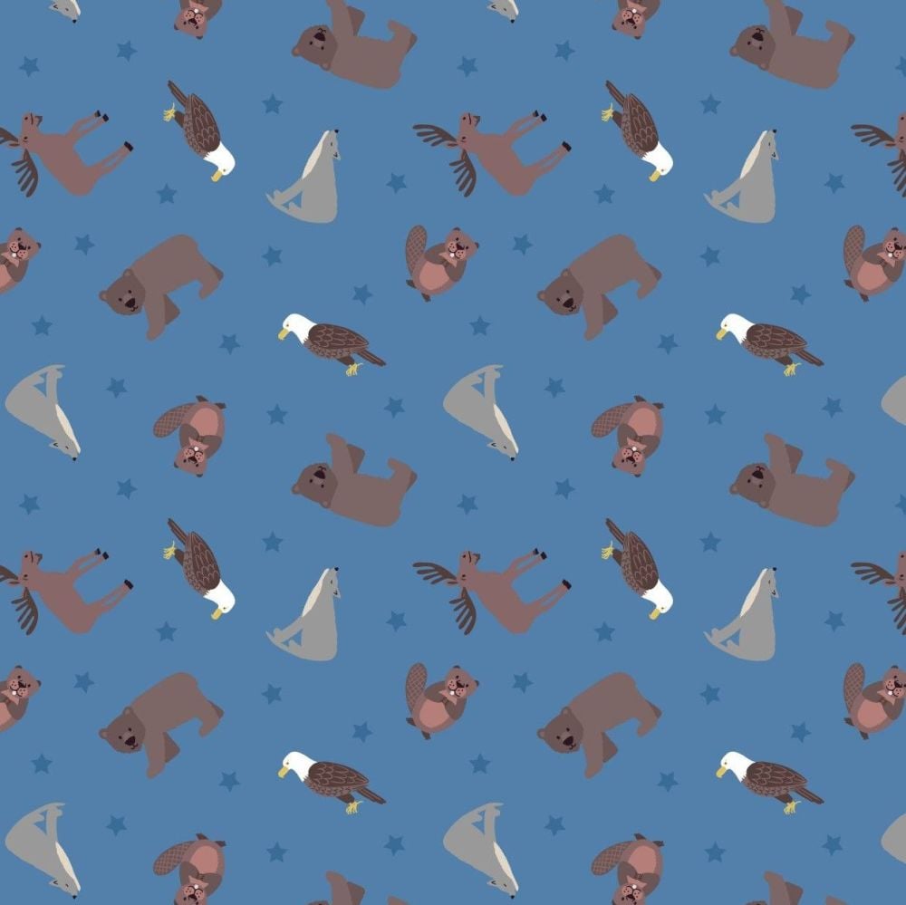 Small Things World Animals North American on Soft Blue Cotton Fabric