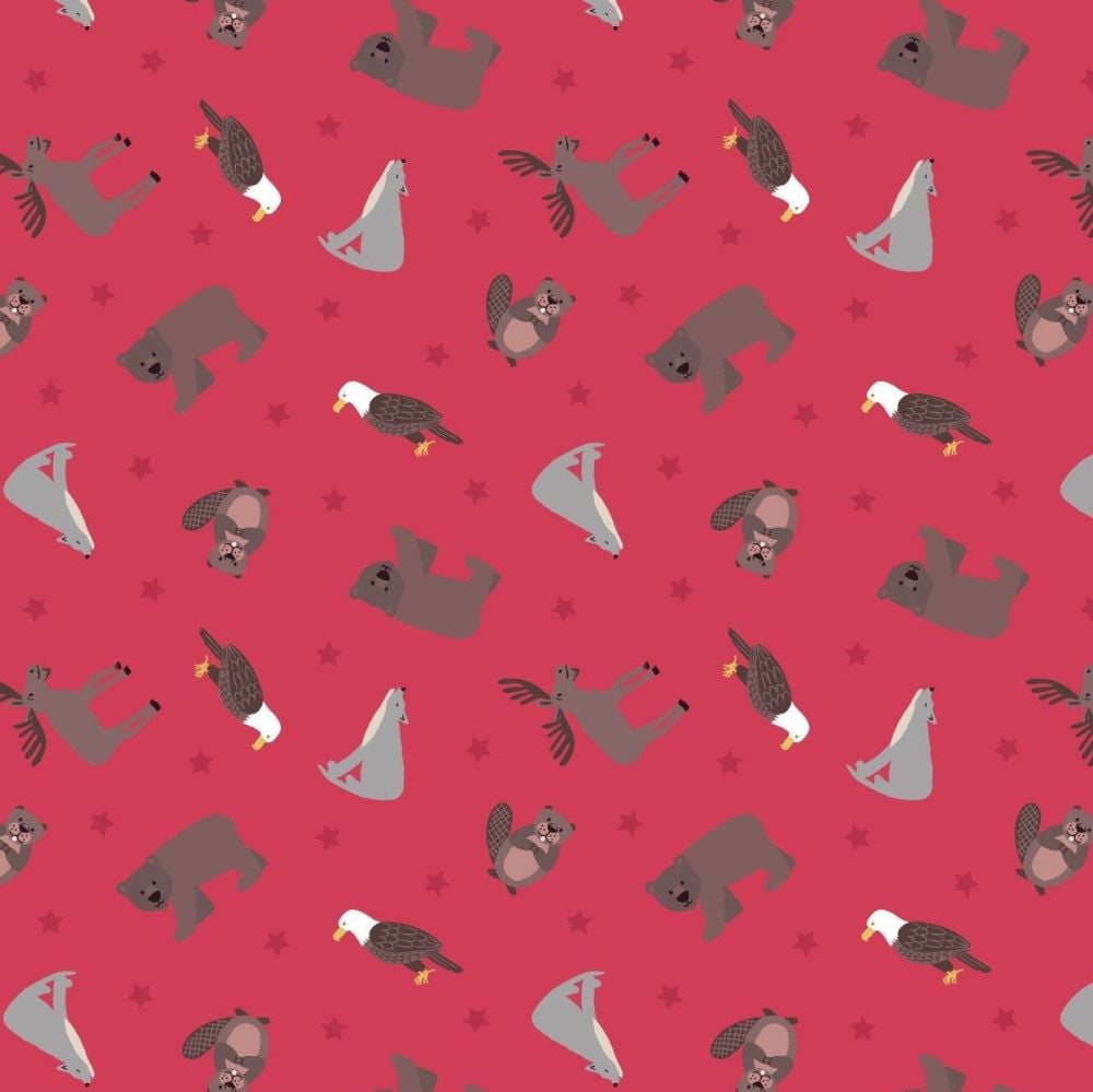 Small Things World Animals North American on Soft Red Cotton Fabric