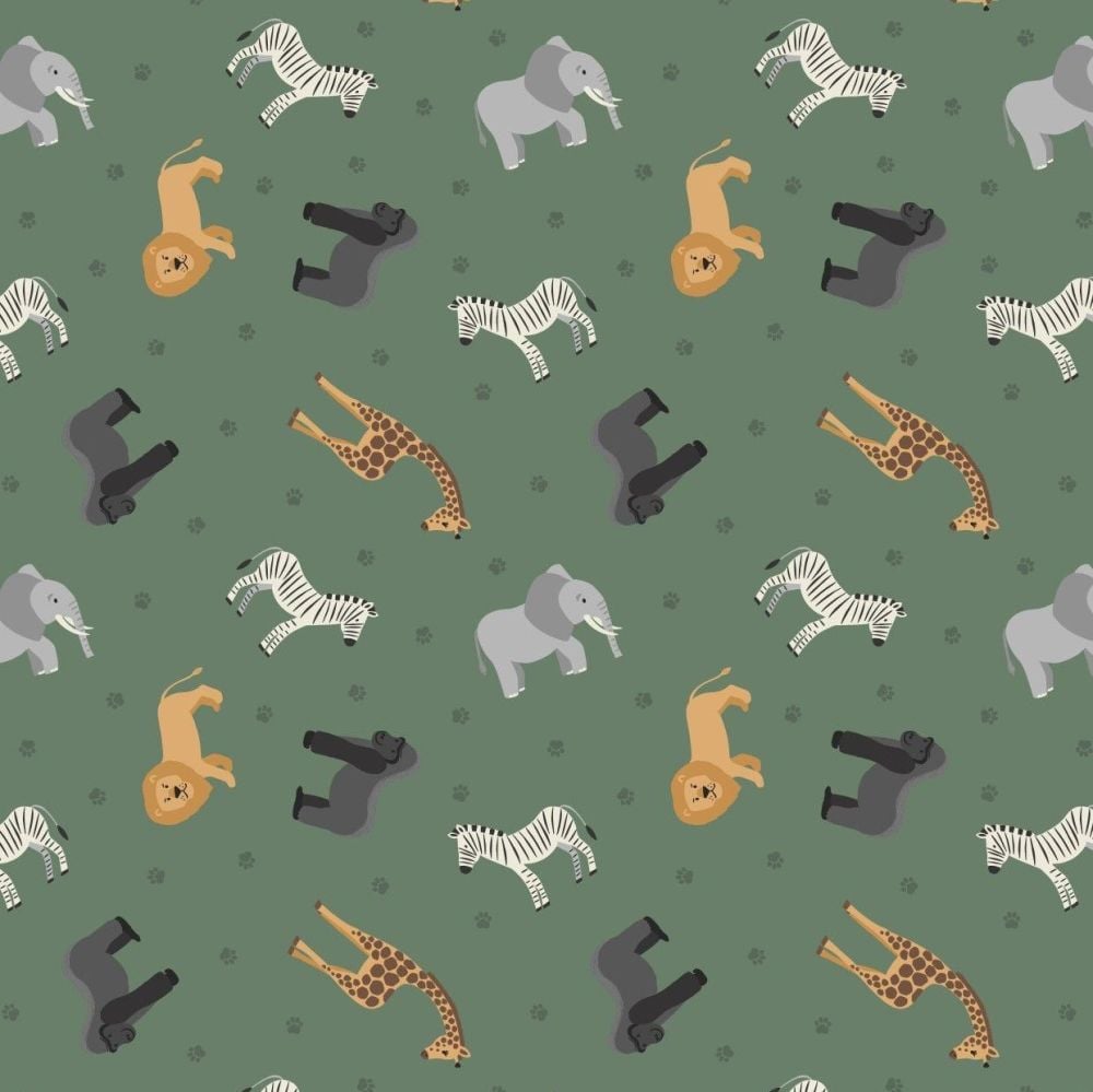 Small Things World Animals African Animals on Safari Green Cotton Fabric