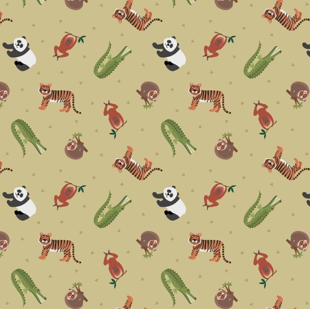 Small Things World Animals Asian Animals on Bamboo Green Cotton Fabric