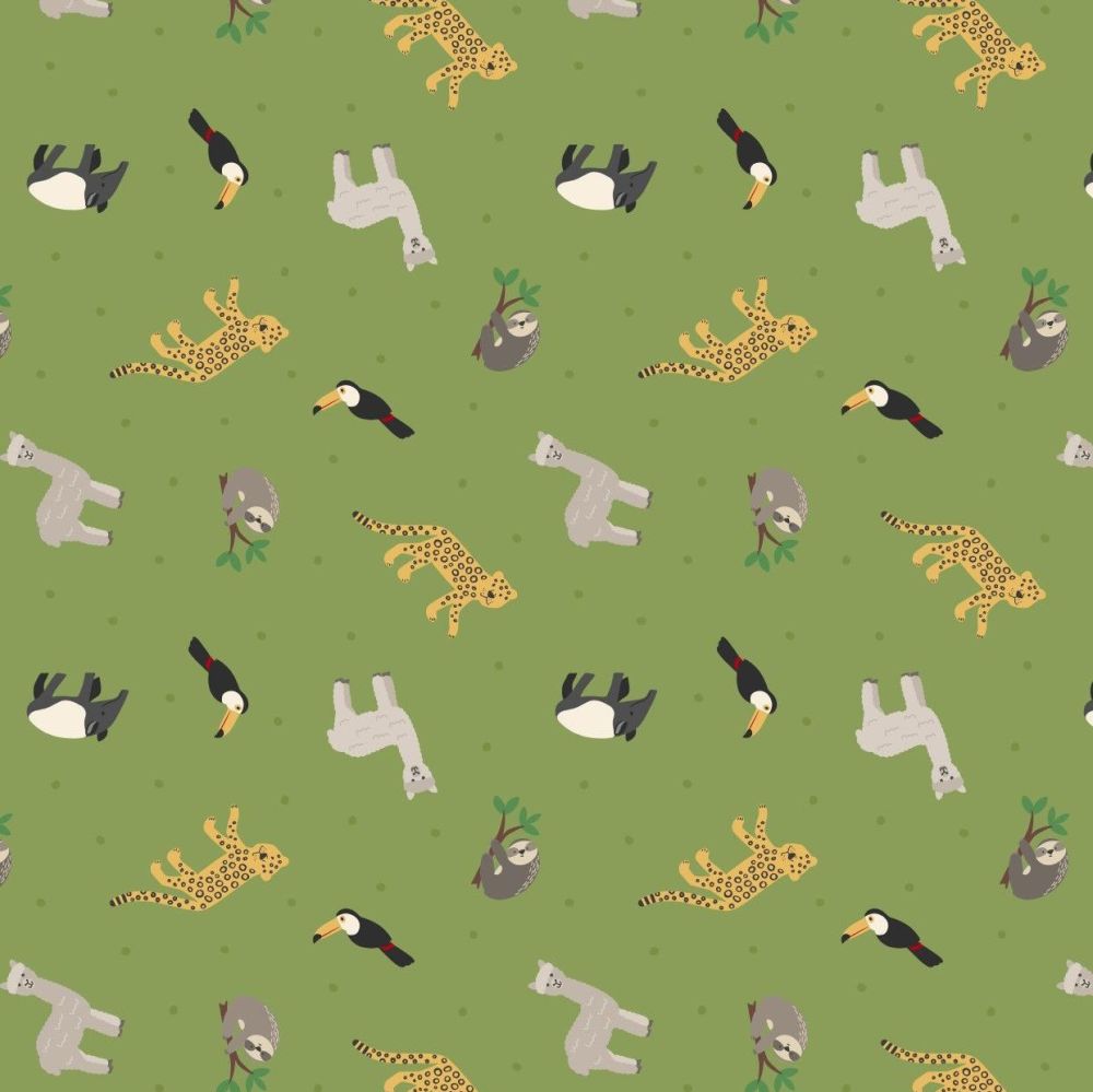 Small Things World Animals South American Animals on Rainforest Green Cotto