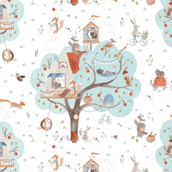 Treehouse Animal Scenic Woodland Trees Fox Rabbit Badger Squirrel Dear Stel